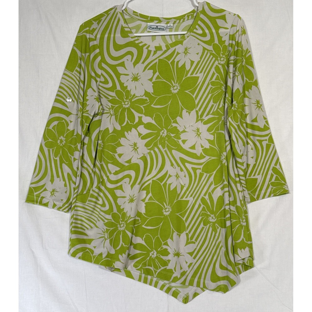 Patchington Women's Medium Top Green and White‎ 3/4 Sleeve Polyester/Spandex